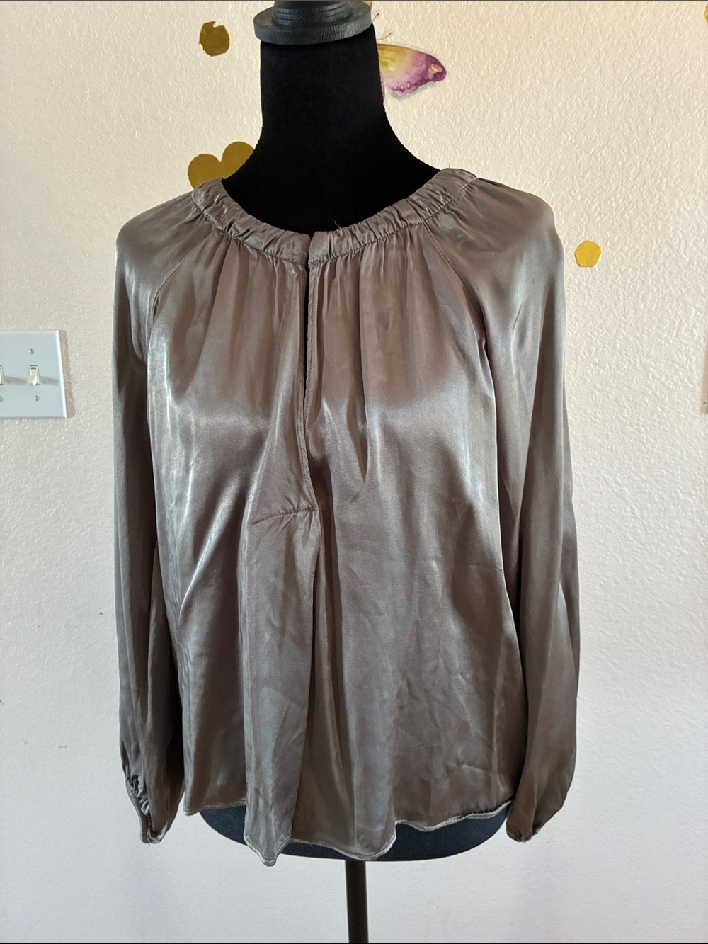 Zara Satin Long-Sleeve Blouse - Taupe
